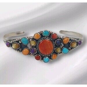 925 Silver Spiny Coral Turquoise Amethyst Multi Stone Flower Cuff Bracelet